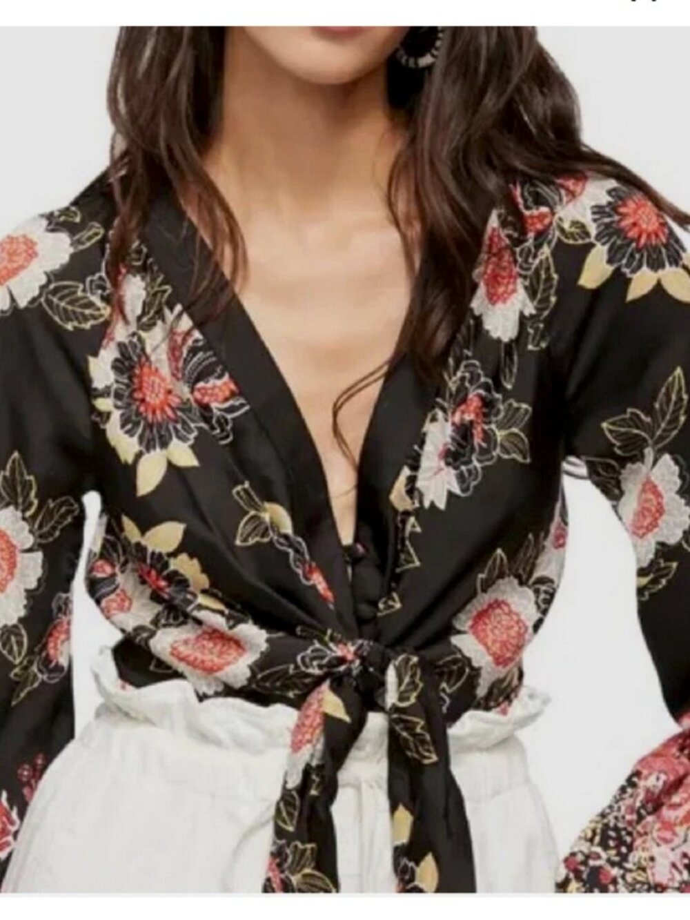 FREE PEOPLE Black Gold Floral Tie Waist Top Size Medium Run Free - Picture 3 of 10